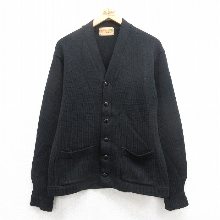 M★古着 長袖 ビンテージ レタード ニット カーディガン メンズ 60年代 60s ウール 黒 ブラック 【spe】 25oct08 中古 トップス