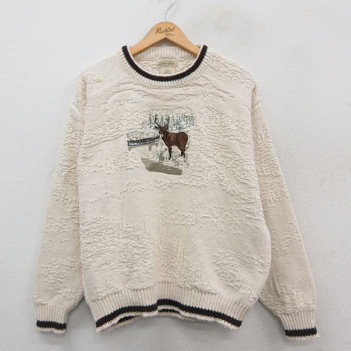 XL★古着 セントジョンズベイ 長袖 セーター メンズ 90年代 90s シカ 刺繍 コットン クルーネック USA製 生成り 【spe】 25oct09 中古 ニット トップス