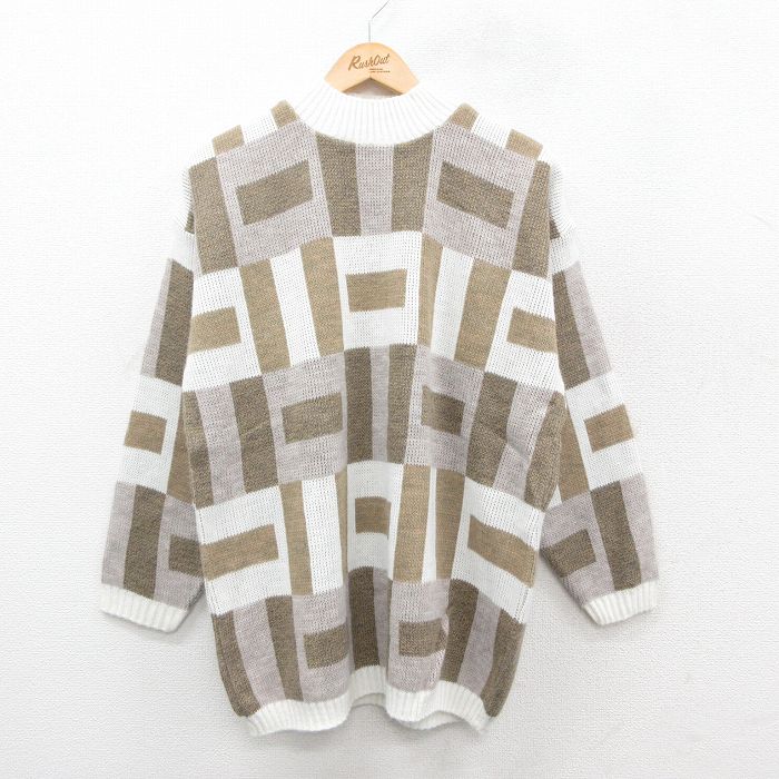 XL★古着 長袖 セーター メンズ 90年代 90s アクリル モックネック ハイネック USA製 ベージュ カーキ 25oct09 中古 ニット トップス