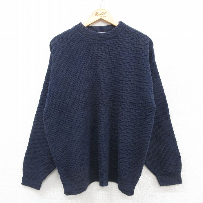 L★古着 長袖 セーター メンズ 90年代 90s コットン クルーネック USA製 濃紺 ネイビー 25oct09 中古 ニット トップス
