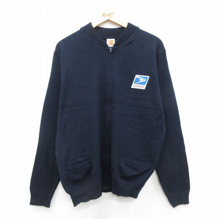 XL★古着 長袖 フルジップ ニット カーディガン メンズ 90年代 90s USPS アクリル 濃紺 ネイビー 【spe】 25oct09 中古 トップス