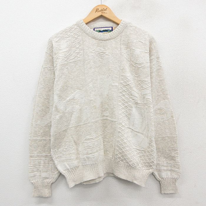 L★古着 長袖 セーター メンズ 90年代 90s クルーネック USA製 薄ベージュ系 カーキ 25oct09 中古 ニット トップス