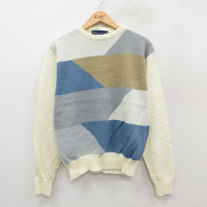 L★古着 長袖 セーター メンズ 90年代 90s アクリル クルーネック 生成り他 25oct09 中古 ニット トップス