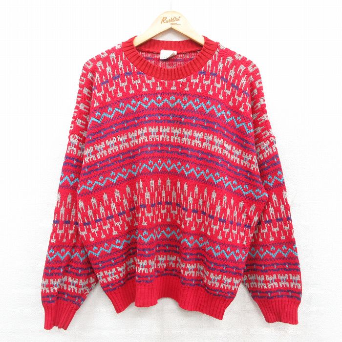 XL★古着 長袖 セーター メンズ 90年代 90s 大きいサイズ アクリル クルーネック USA製 赤他 レッド 25oct09 中古 ニット トップス