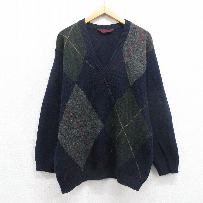 L★古着 長袖 セーター メンズ アーガイル 紺 ネイビー 25oct09 中古 ニット トップス