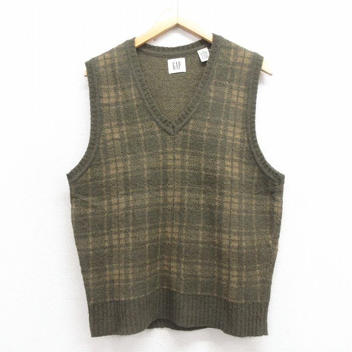 M★古着 ギャップ GAP ニット ベスト メンズ 00年代 00s 濃緑他 グリーン チェック 25oct09 中古 トップス