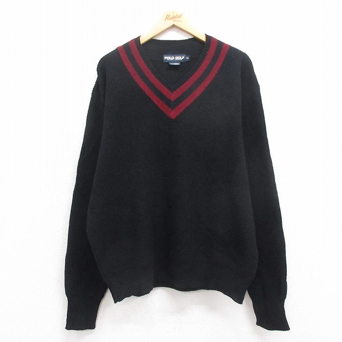 XL★古着 ラルフローレン Ralph Lauren ポロゴルフ 長袖 ブランド セーター メンズ 90年代 90s Vネック 黒 ブラック 25oct09 中古 ニット トップス