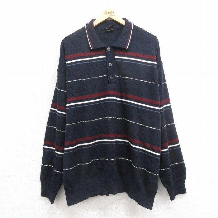 XL★古着 長袖 セーター メンズ 襟付き 紺他 ネイビー ボーダー 25oct09 中古 ニット トップス