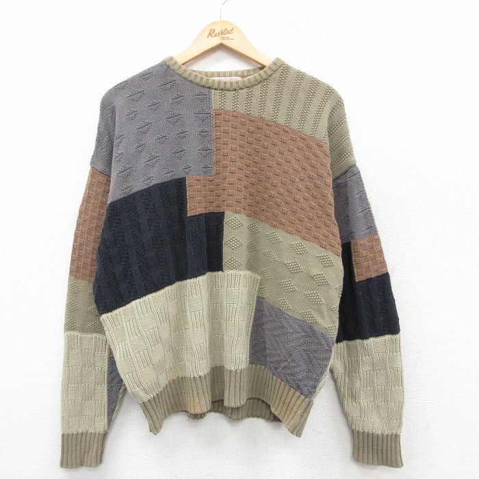 XL★古着 長袖 セーター メンズ 90年代 90s マルチカラー 大きいサイズ コットン クルーネック 薄緑他 グリーン 25oct09 中古 ニット トップス
