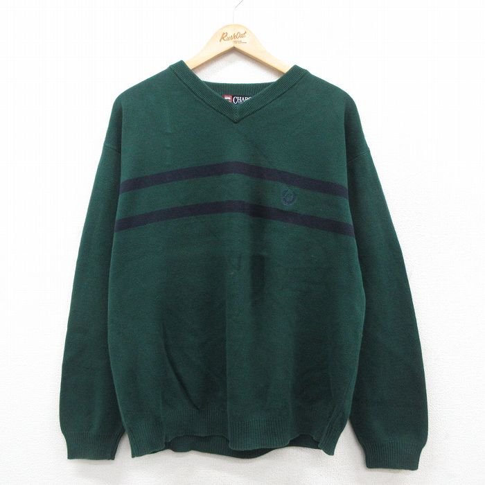 XL★古着 ラルフローレン Ralph Lauren チャップス 長袖 ブランド セーター メンズ 90年代 90s ワンポイントロゴ コットン Vネック 緑他 グリーン 25oct09 中古 ニット トップス