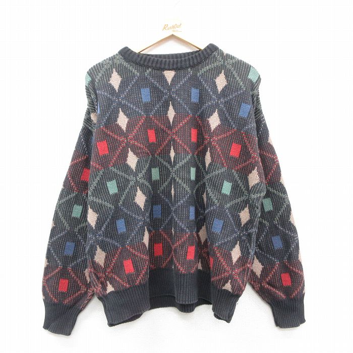 XL★古着 長袖 セーター メンズ 90年代 90s コットン クルーネック USA製 黒他 ブラック 25oct09 中古 ニット トップス
