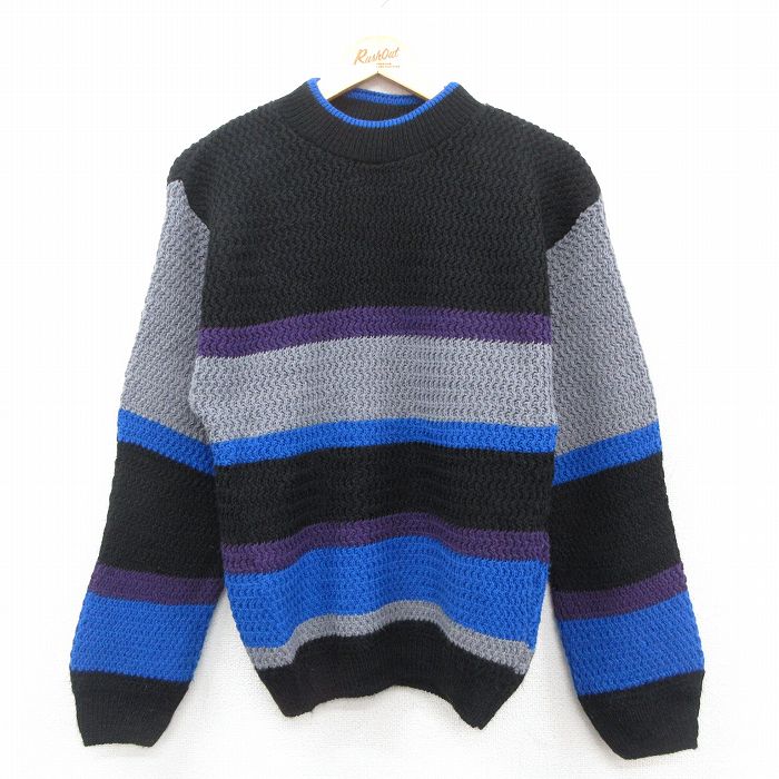 S★古着 長袖 セーター メンズ 90年代 90s アクリル クルーネック USA製 黒他 ブラック ボーダー 25oct09 中古 ニット トップス
