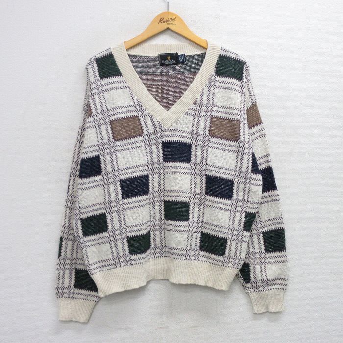 L★古着 長袖 セーター メンズ 90年代 90s コットン Vネック USA製 白他 ホワイト チェック 25oct10 中古 ニット トップス