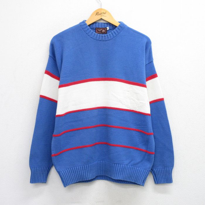 L★古着 長袖 セーター メンズ 80年代 80s コットン クルーネック USA製 青他 ブルー 25oct10 中古 ニット トップス