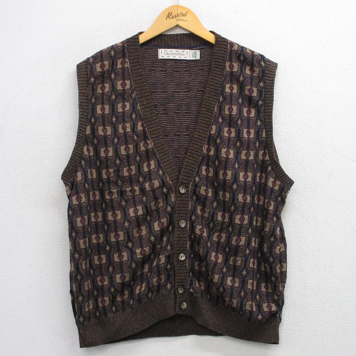 L★古着 ニット ベスト メンズ 90年代 90s コットン USA製 こげ茶他 ブラウン 25oct10 中古 トップス