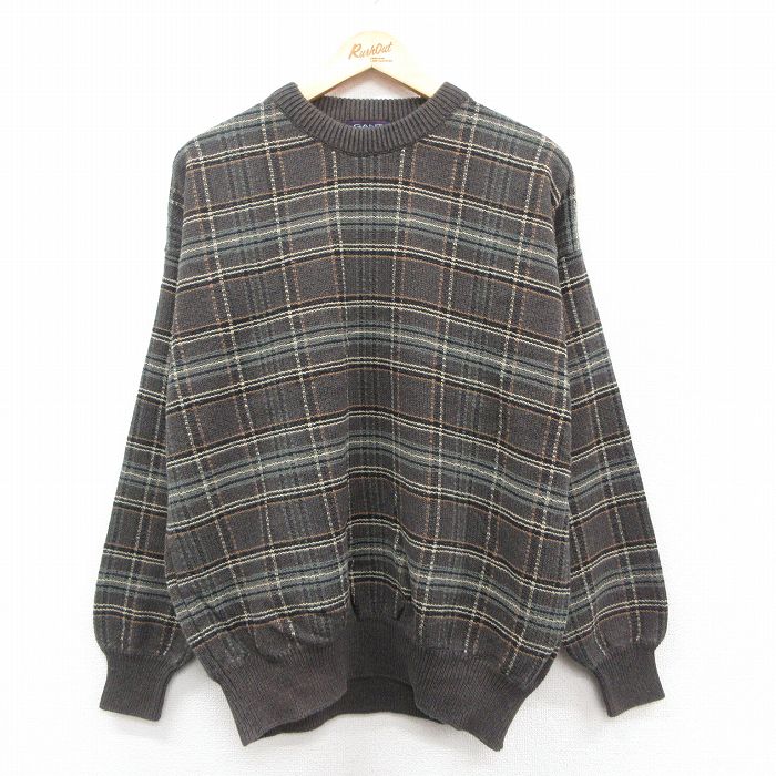 【20%OFF】XL★古着 GANT 長袖 セーター メンズ 90年代 90s コットン クルーネック 濃グレー系他 チェック 25oct10 中古 ニット トップス