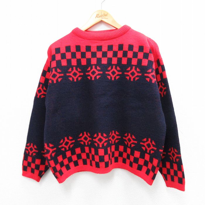 L★古着 長袖 セーター メンズ 90年代 90s ウール クルーネック 赤他 レッド 25oct10 中古 ニット トップス