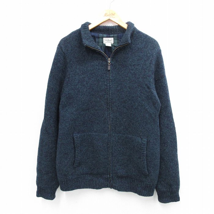 M★古着 エルエルビーン LLBEAN 長袖 フルジップ ドライバーズ ニット カーディガン メンズ 00年代 00s ラムウール 緑他 グリーン 内側フランネル 25oct10 中古 トップス
