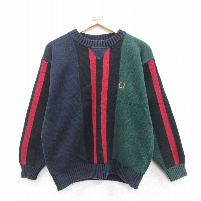 M★古着 トミーヒルフィガー TOMMY HILFIGER 長袖 ブランド セーター メンズ 90年代 90s ワンポイントロゴ マルチカラー コットン クルーネック 緑他 グリーン ストライプ 【spe】 25oct11 中古 ニット トップス