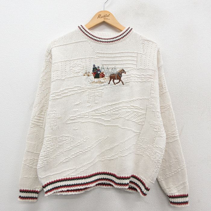 L★古着 長袖 セーター メンズ 90年代 90s 馬車 刺繍 コットン クルーネック USA製 生成り他 【spe】 25oct11 中古 ニット トップス