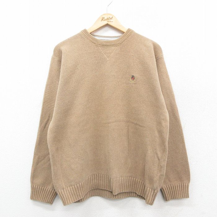 L★古着 トミーヒルフィガー TOMMY HILFIGER 長袖 ブランド セーター メンズ 90年代 90s ワンポイントロゴ コットン クルーネック 茶系 ブラウン 25oct11 中古 ニット トップス