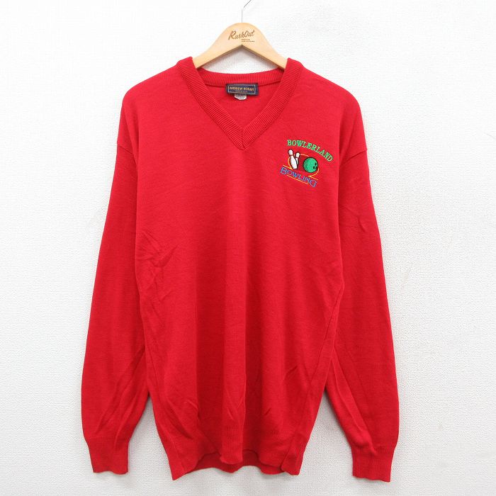 L★古着 長袖 セーター メンズ 90年代 90s ボウリング アクリル Vネック USA製 赤 レッド 25oct11 中古 ニット トップス