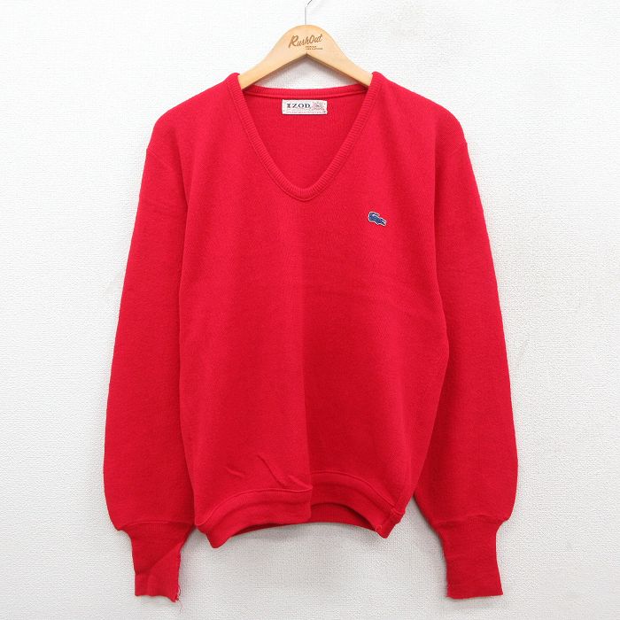 M★古着 ラコステ LACOSTE IZOD 長袖 セーター メンズ 70年代 70s ワンポイントロゴ アクリル Vネック USA製 赤 レッド 25oct11 中古 ニット トップス