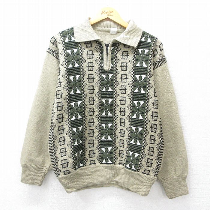M★古着 長袖 セーター メンズ 80年代 80s 襟付き 薄緑系他 グリーン 25oct11 中古 ニット トップス