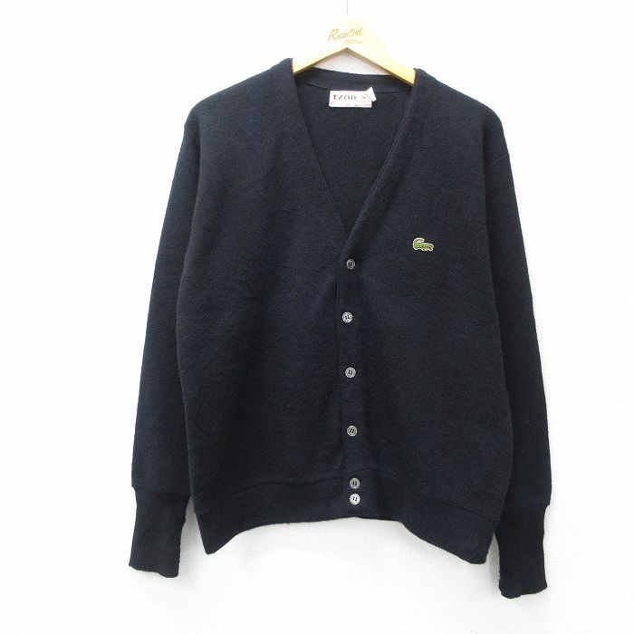 M★古着 IZOD 長袖 ニット カーディガン メンズ 80年代 80s ワンポイントロゴ アクリル USA製 黒 ブラック 25oct11 中古 トップス