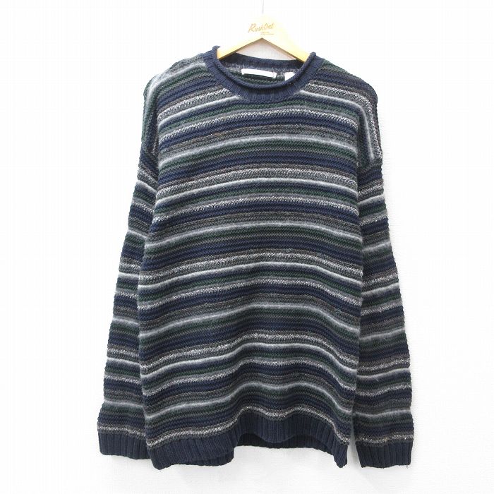 M★古着 ペリーエリス 長袖 セーター メンズ 90年代 90s クルーネック 紺他 ネイビー ボーダー 【spe】 25oct11 中古 ニット トップス