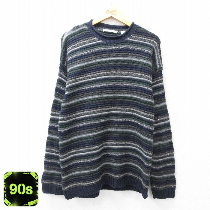 【50%OFF】ペリーエリス 90s 長袖セーター ボーダー ネイビー M | 古着