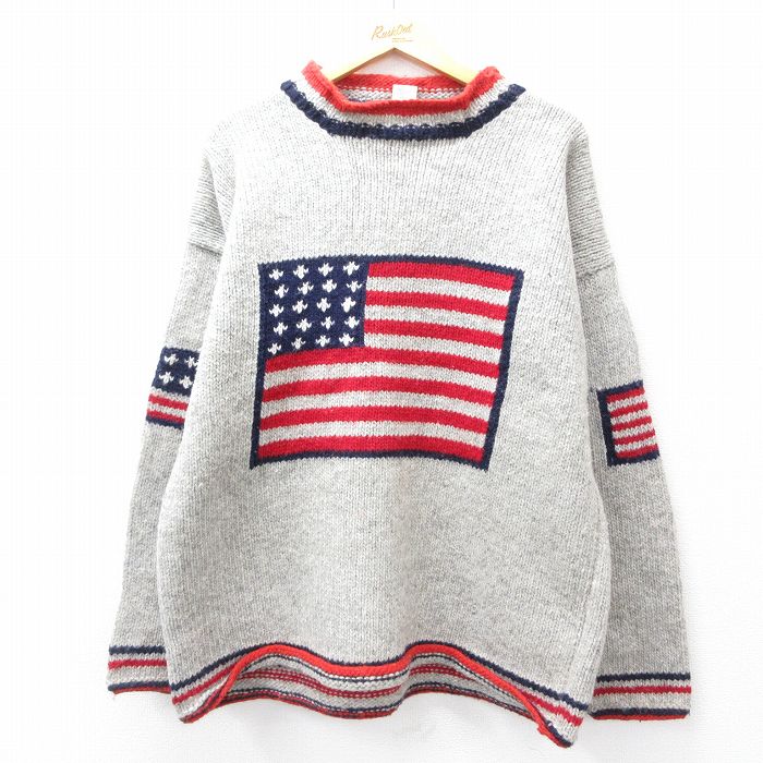 XL★古着 長袖 セーター メンズ 星条旗 ウール クルーネック エクアドル製 グレー他 【spe】 25oct14 中古 ニット トップス