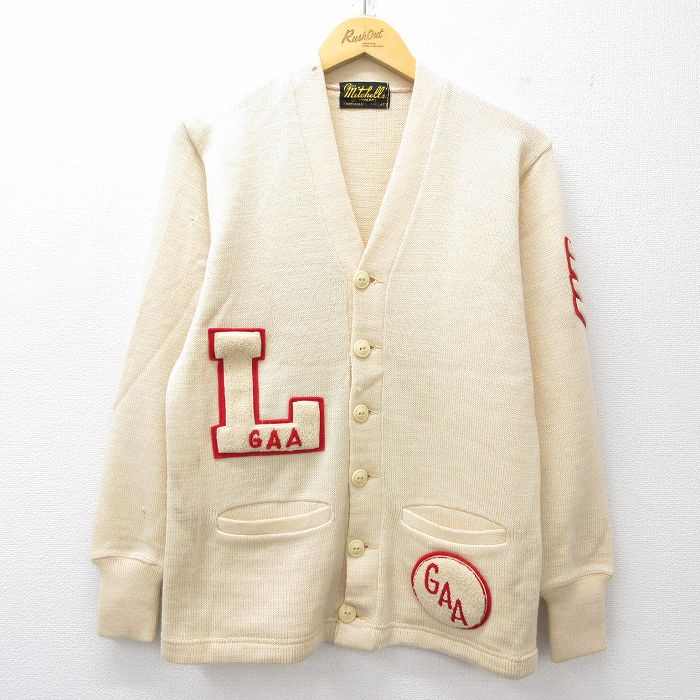 S★古着 長袖 レタード ニット カーディガン メンズ 60年代 60s L GAA ウール 生成り 【spe】 25oct14 中古 トップス