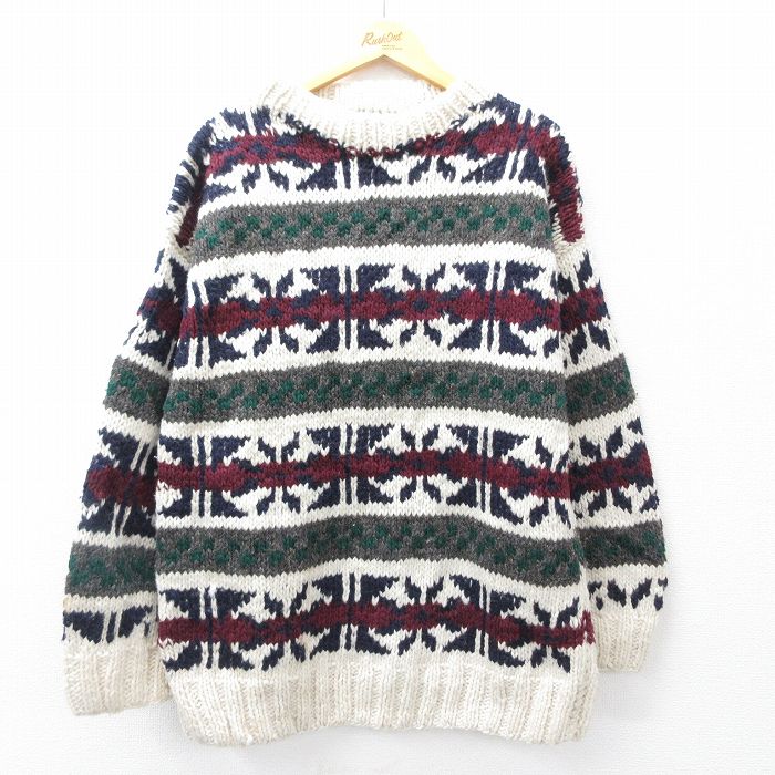 L★古着 長袖 セーター メンズ ウール クルーネック エクアドル製 生成り他 25oct14 中古 ニット トップス