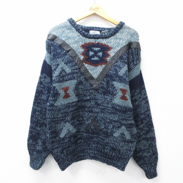 M★古着 長袖 セーター メンズ レザー使用 アクリルクルーネック 紺他 ネイビー 25oct14 中古 ニット トップス