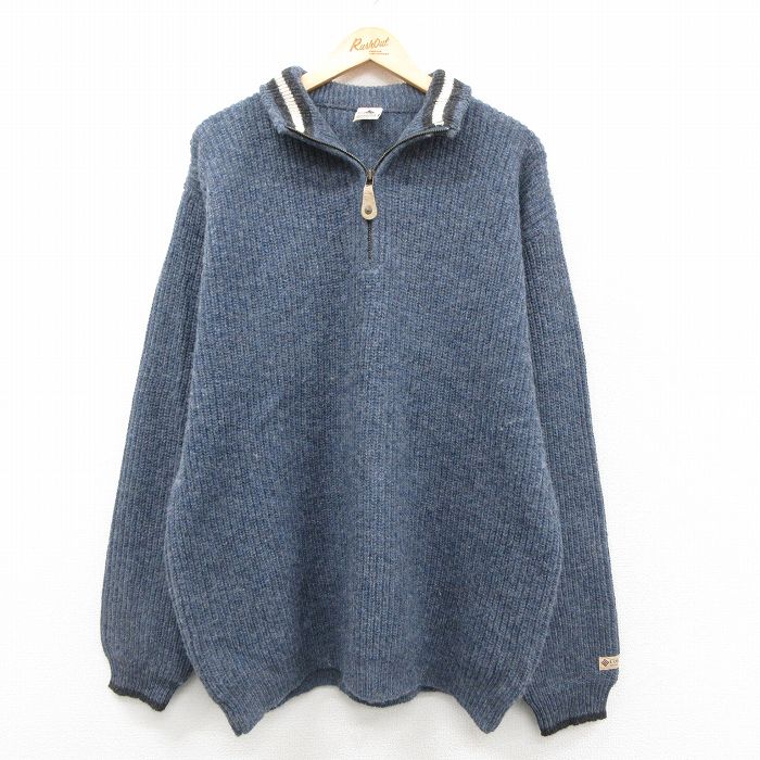 XL★古着 コロンビア COLUMBIA 長袖 ハーフジップ セーター メンズ 90年代 90s 大きいサイズ シェットランドウール 薄紺 ネイビー 25oct14 中古 ニット トップス