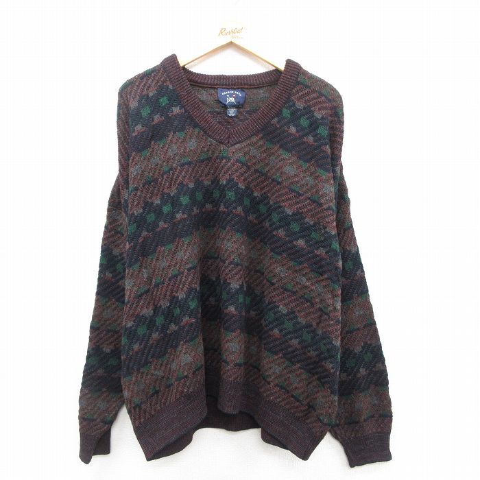 XL★古着 長袖 セーター メンズ 大きいサイズ アクリル Vネック エンジ系他 25oct14 中古 ニット トップス