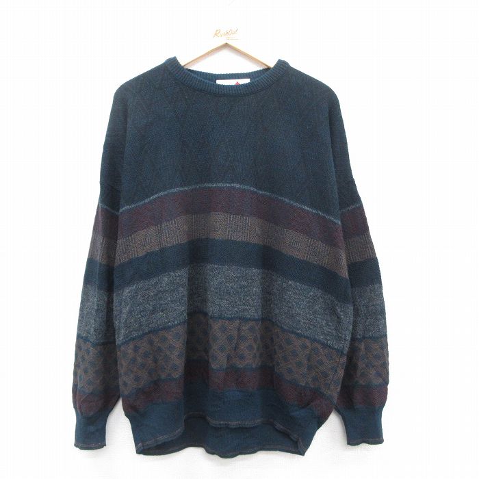 XL★古着 長袖 セーター メンズ 90年代 90s 大きいサイズ クルーネック イタリア製 紺他 ネイビー 25oct14 中古 ニット トップス
