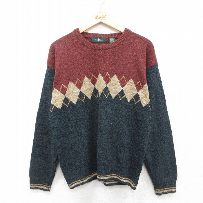 【20%OFF】L★古着 長袖 セーター メンズ 90年代 90s アーガイル クルーネック 緑系他 グリーン 25oct14 中古 ニット トップス