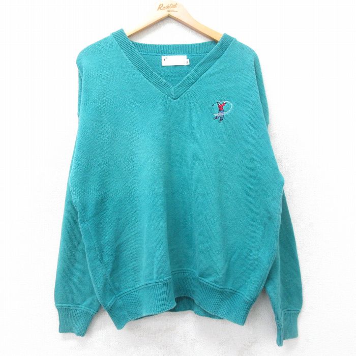 XL★古着 アーノルドパーマー 長袖 セーター メンズ 90年代 90s ゴルフ コットン Vネック USA製 青緑 25oct15 中古 ニット トップス