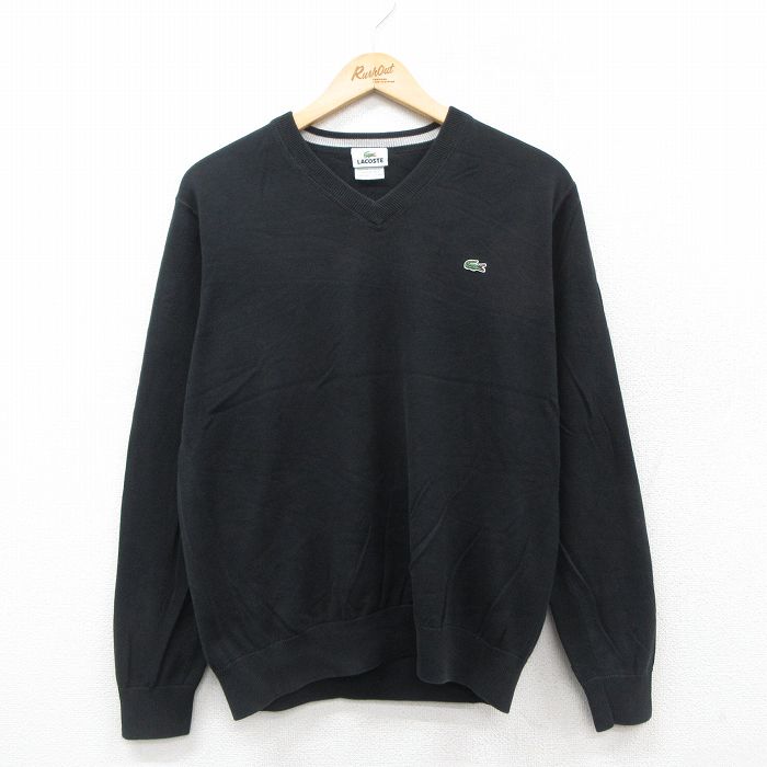 M★古着 ラコステ LACOSTE 長袖 ブランド セーター メンズ ワンポイントロゴ コットン Vネック 黒 ブラック 25oct17 中古 ニット トップス
