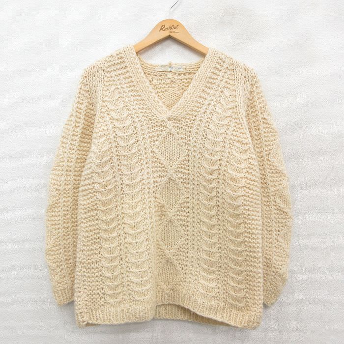 S★古着 長袖 セーター メンズ 90年代 90s ウール Vネック 生成り 25oct17 中古 ニット トップス