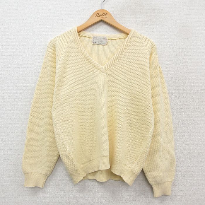 M★古着 長袖 セーター メンズ 90年代 90s ラグラン コットン Vネック USA製 薄黄 イエロー 25oct17 中古 ニット トップス