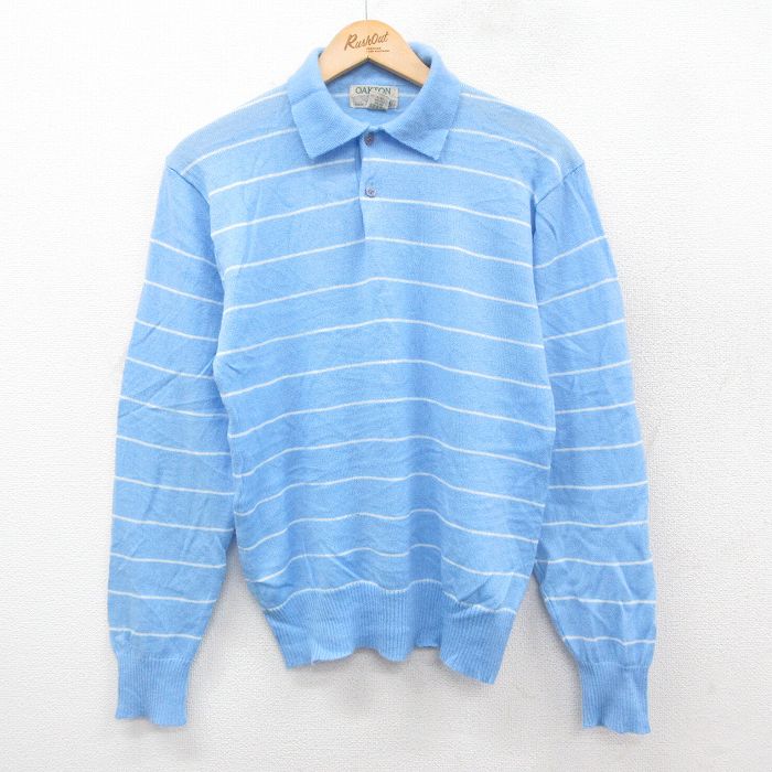S★古着 長袖 セーター メンズ 90年代 90s 襟付き アクリル 水色他 ボーダー 25oct17 中古 ニット トップス