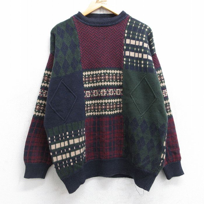 XL★古着 長袖 セーター メンズ 90年代 90s モックネック ハイネック 濃緑他 グリーン 【spe】 25oct20 中古 ニット トップス