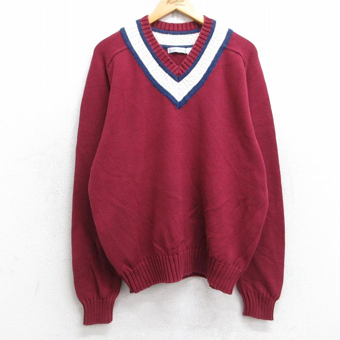 L★古着 長袖 チルデン セーター メンズ 00年代 00s ラグラン コットン Vネック エンジ 25oct20 中古 ニット トップス