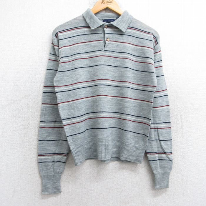 S★古着 バンヒューセン 長袖 セーター メンズ 90年代 90s 襟付き アクリル グレー他 ボーダー 25oct20 中古 ニット トップス