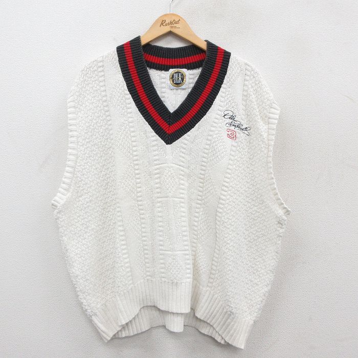 ニット ベスト 90s レーシング デイルアーンハート 3 大きいサイズ Vネック 白他 ホワイト XL | 古着