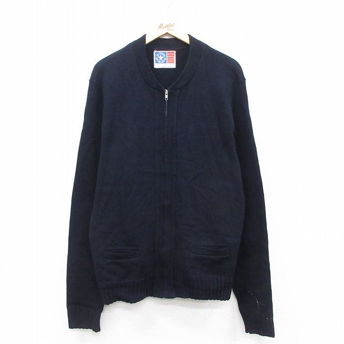 L★古着 長袖 フルジップ ニット カーディガン メンズ 90年代 90s アクリル 紺 ネイビー 25oct20 中古 トップス