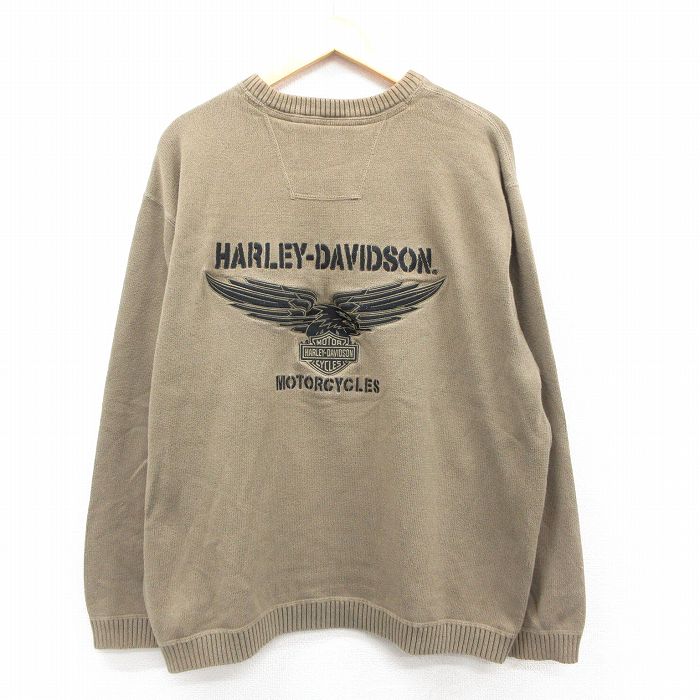 XL★古着 ハーレーダビッドソン Harley Davidson 長袖 セーター メンズ ビッグロゴ 刺繍 大きいサイズ コットン クルーネック 緑系 グリーン 【spe】 25oct20 中古 ニット トップス